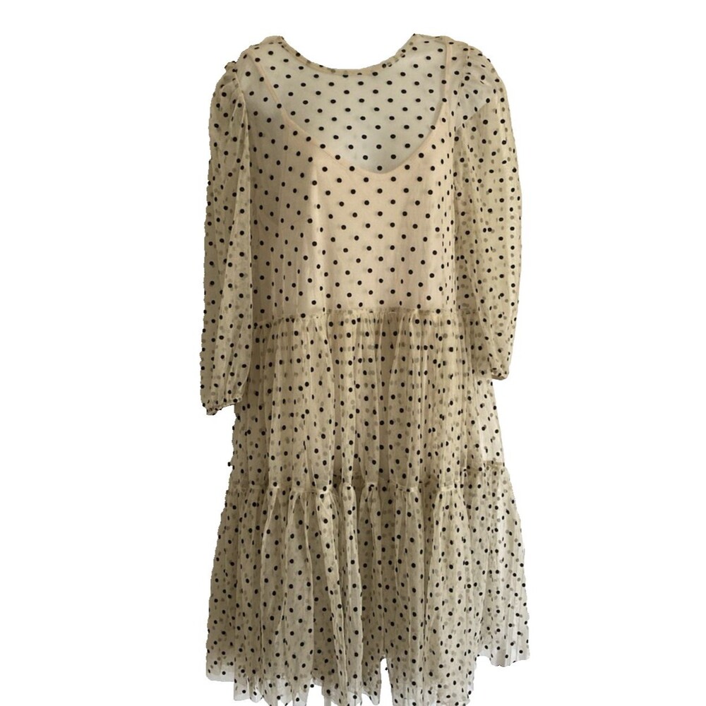 H&M Cream Polka Dot Spot Sheer Tulle Mesh Tiered Midi Smock Dress Size M Boho